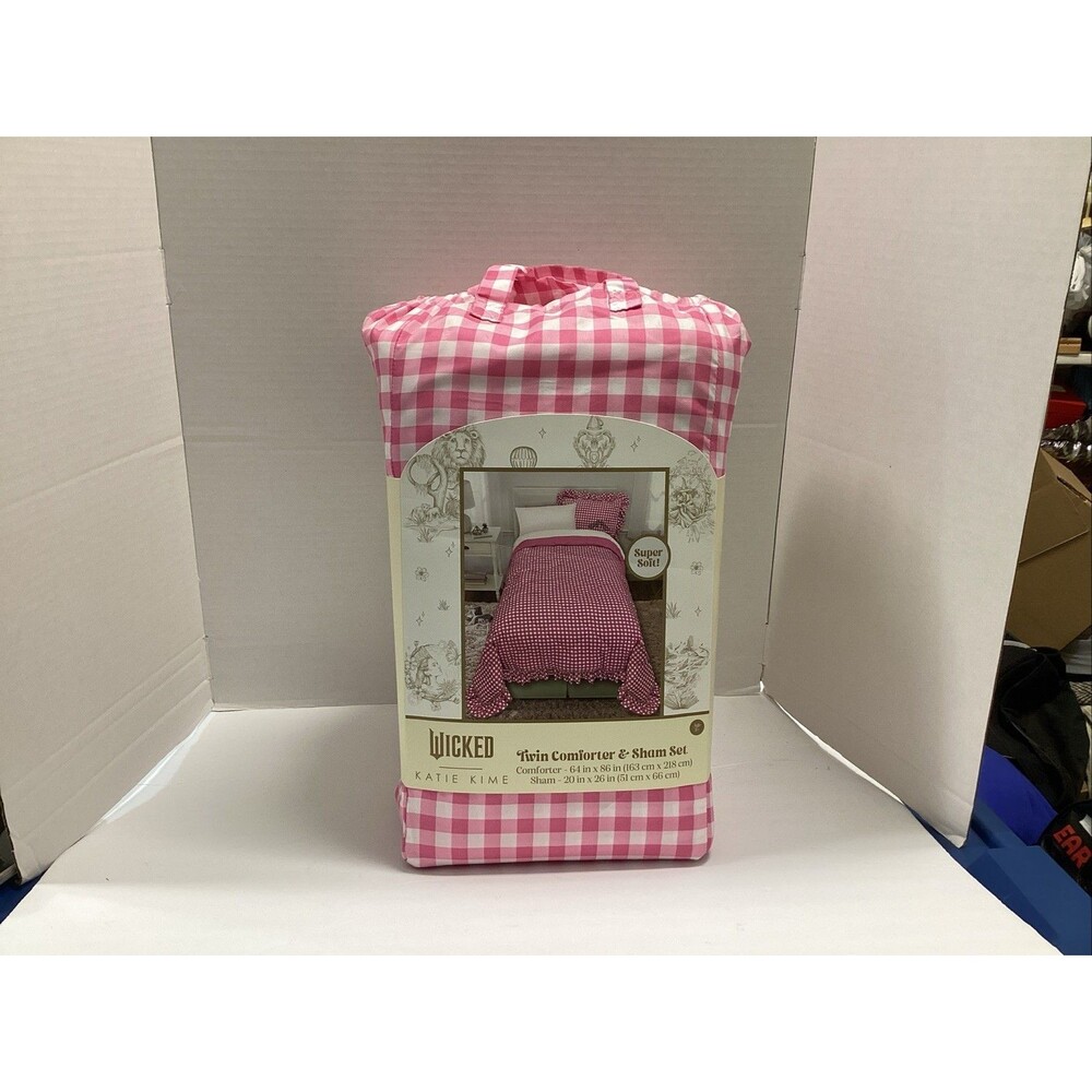 wicked: for good Katie kime twin comforter & sham set 64”x86” pink white check